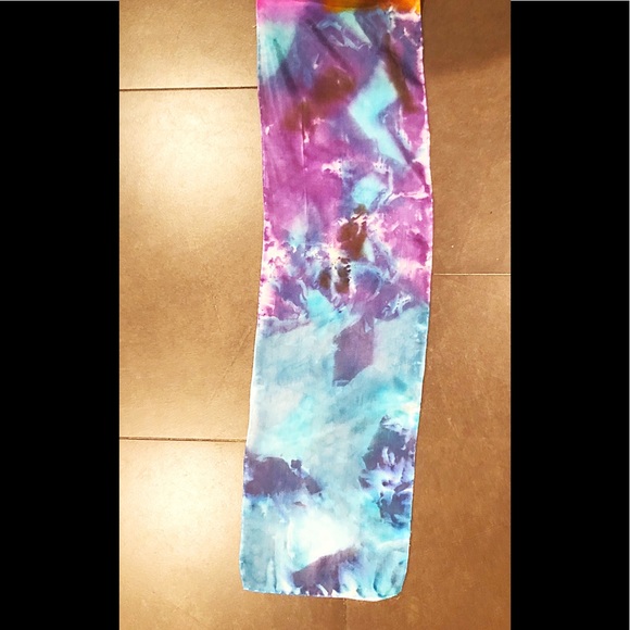 100% Silk Chiffon 8” x 70” Hand Created Orange, Pink, Yellow, Blue, Purple Scarf - Picture 6 of 9